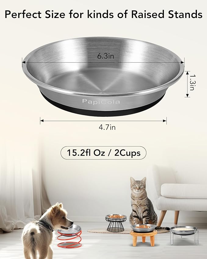 Stainless Steel Cat Bowls 2 PCS, Non-Slip cat Food Dishes, Metal Pet Food and Water Bowls, Whisker Friendly with Wide and Shallow Design, 6.3'' Wide, 0.7mm Thick Steel, Ideal Pet Dish (2 PC-6.3in)