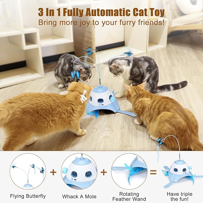 AIPERRO 3-in-1 Automatic Cat Toys for Indoor Cats, Fluttering Butterfly, Whack a Mole, Rotating Feather Wand, USB Rechargeable Interactive Feather Toys for Multi-cat Family (Blue)