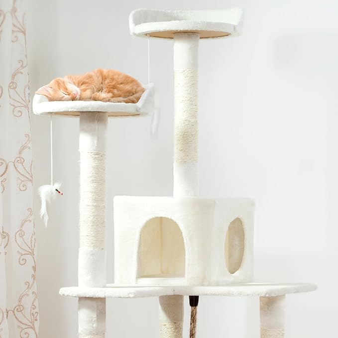 Cat Tree - 6-Foot Cat Tower for Indoor Cats with Napping Perches, Kitty Condo, 9 Cat Scratching Posts, 2 Hanging Toys, and Rope by PETMAKER (Ivory)