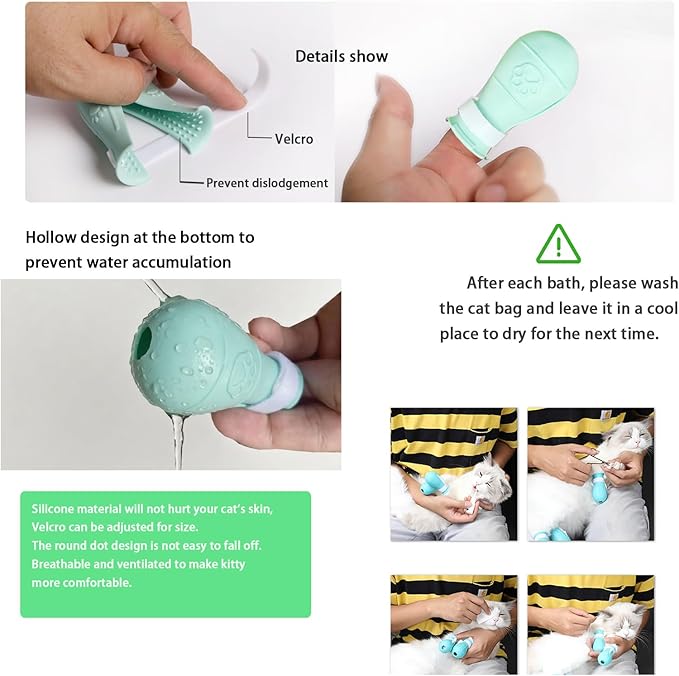 4 Pieces Scratch Cover for Nursing Rehabilitation Cat Boots for Cats Only, Adjustable Cat Bathing Gloves(Green)