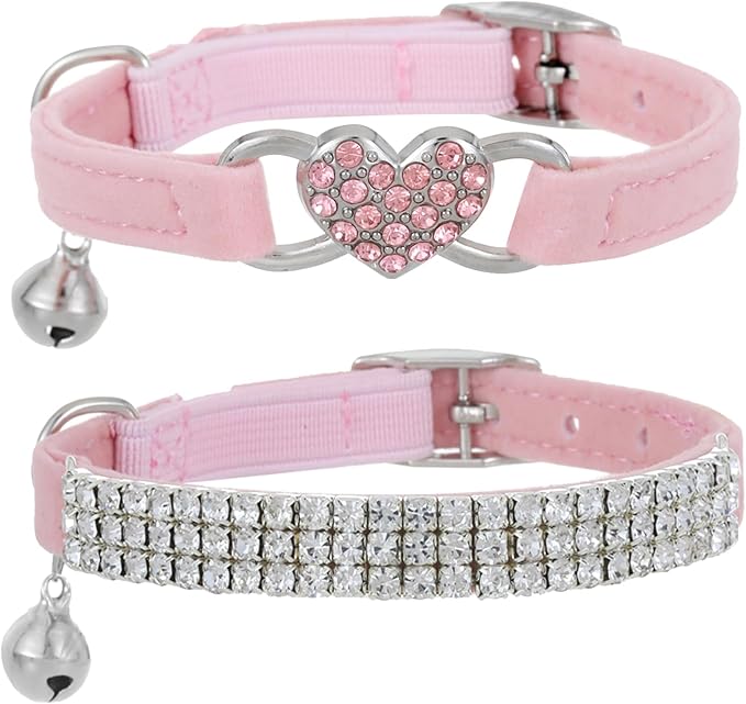 Pink Cat Collar with Bells 2 Pack, Rhinestone Kitten Collar Girl, Bling Heart Small Dog Collar