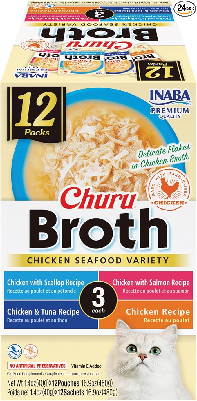 INABA Churu Broth for Cats, Side Dish Pouch, 1.4 Ounces per Pouch, 24 Pouches, Chicken & Seafood Variety