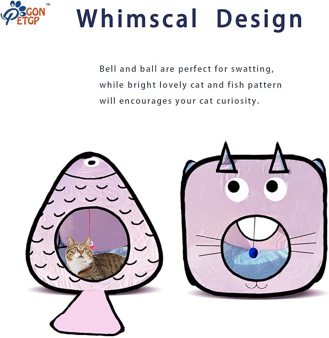GONPETGP Cat Tunnel for Indoor Cats with Cube Tent Toys Combo, Crinkle Paper Collapsible Interactive Pet Cat Tubes with Play Ball and Bell for Puppy, Kitty, Kitten, Rabbit (3 in 1 Set)