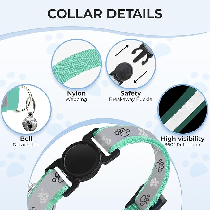 Cat Collar Breakaway, Reflective Kitten Collar with Bell, Safety Buckle Kitten Collar, Lightweight, Adjustable, Comfortable, Suitable for Boy Girl Cats (7"-13") Green