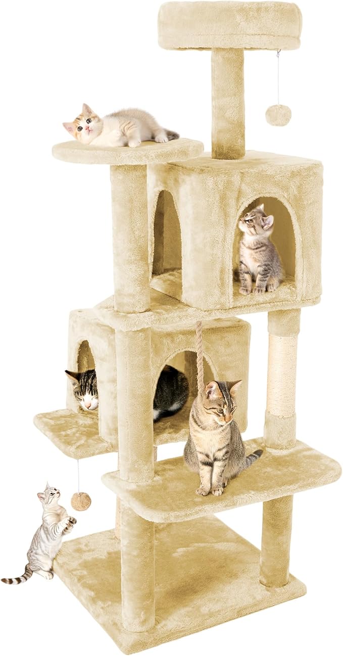 59in Large Cat Tree Tower for Indoor Cats with Soft Plush Hang Ball, Two Condos, Sisal Scratch Posts & Rope Play for Kittens/Adult Cats, New Beige