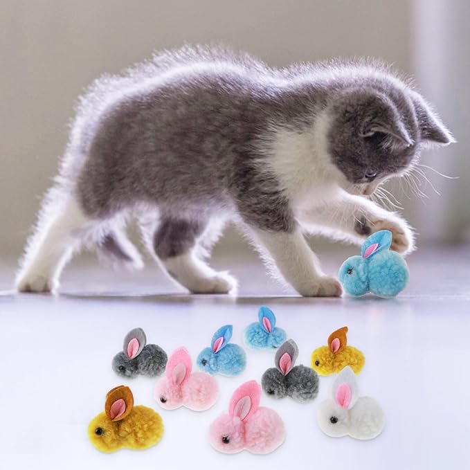 Amaxiu 10Pcs Plush Toy Balls, Cute Bunny Shape Kitten Pompom Soft 5.5cm/2.16in Puff Ball Indoor Fun Colorful Cat Ball Toy Pom Pom Balls for Pet
