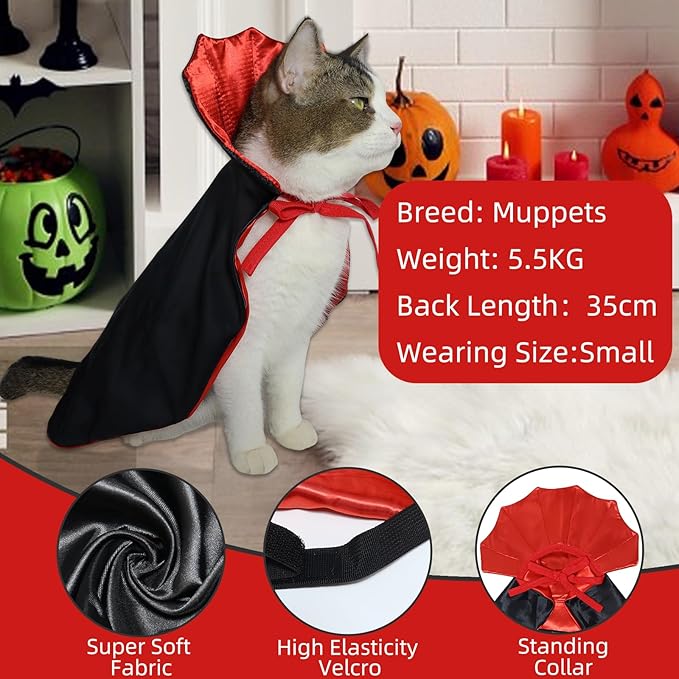 ROSAUI Halloween Pet Vampire Cape – 19.69″ Adjustable Red & Black Costume for Medium Dogs (Beagle, Shiba Inu, French Bulldog) Spooky Outfit with Stand-Up Collar (M Size)