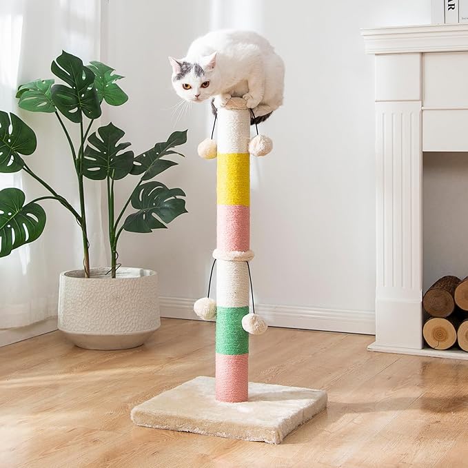 30 Inch High Cat Scratching Post with 4 Plush Teasing Toy Balls, Natural Sisal Rope Post and Thickened Base, Red Green Yellow White