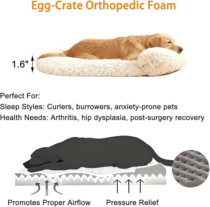 Orthopedic Dog Bed with Egg-Crate Base, Calming Dog Beds Fluffy Plush Faux Fur with Raised Edges, Spine Friendly Pet Sleeping Mat for Medium Large Dogs, Machine Washable (Oval, Beige 40"x30")