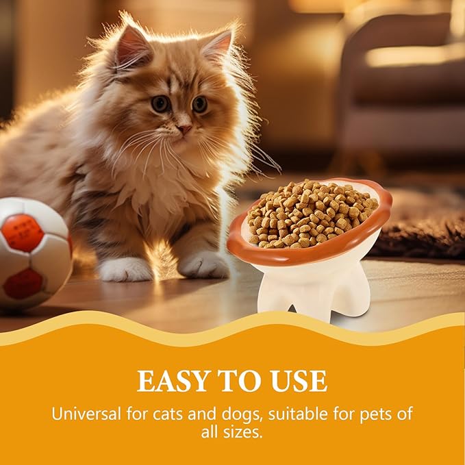 Luxshiny Ceramic Elevated Cat Food Bowl with Tilted Design Large Wide Mouth Cartoon Lion Pattern Raised Pet Bowl for Indoor Feeding and Watering