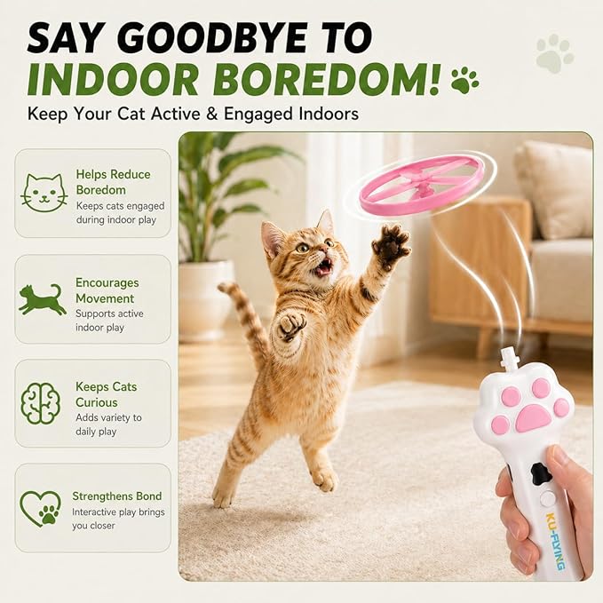 Cat Fetch Toy, Electric Cat Disc Launcher Toy with 8 Flying Spinners, Interactive Cat Toy for Indoor Cats and Bored Kittens, Bendable Discs, Rechargeable Paw Design（White）
