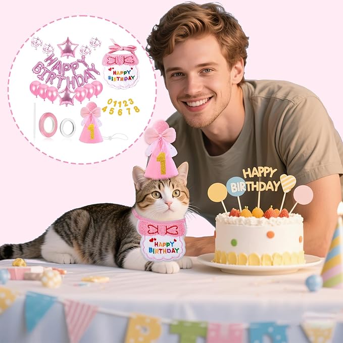 Birthday Hat for Cat with Bandana, Cute Kitten Outfit and Celebration Accessories, Cat Birthday Party Supplies (Pink)