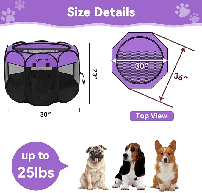 Siedihit Dog Playpen, Puppy Pet Playpen, Dog Crate Tent Cage Indoor/Outdoor, Portable Pop Up Dogs Kennel Playpen with Carrying Case for Dogs/Cats/Rabbits, Purple, Medium