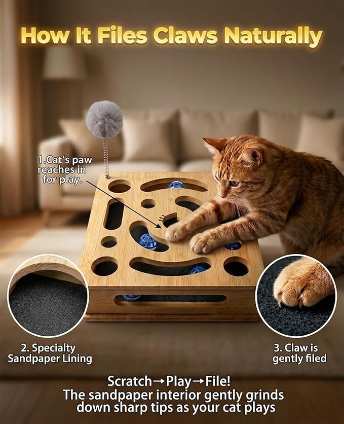 Cat Nail File Scratcher Enrichment Box, Thickened Bamboo Wooden Claw Saver Box for Cats, Scratch Puzzle Box with Sandpaper Inside