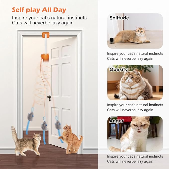 Rechargeable Electric Cat Teaser – Interactive Door Clip Teaser for Cats, 2 Motion Modes (360° Spin & Irregular Jumping), Smart Auto Cat Toy for Exercise & Fun (Orange)
