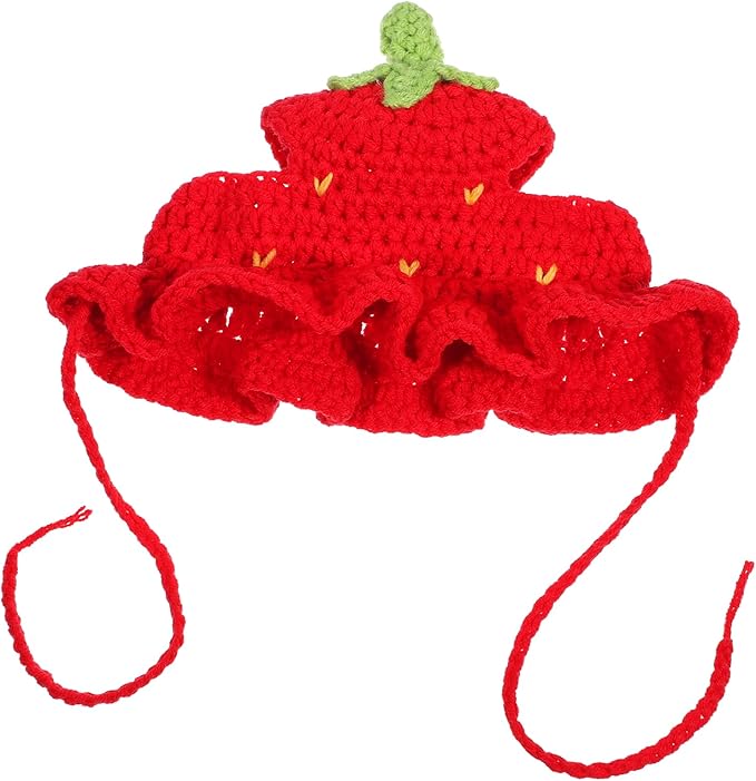 Strawberry Cat Hat, Cartoon Strawberry Design Knit Hat, Cotton & Soft Cute Knitted Hats, Funny Strawberries Dog Costume, Cute Costume Accessory for Puppy, Kitten, Small Animals, with Adjustable Cord
