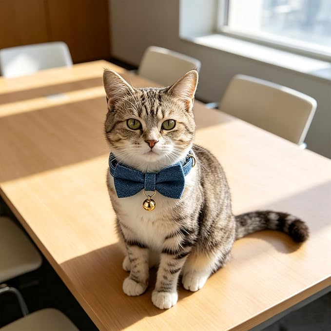 2 Pack Cat Collars with Removable Bow Tie and Bell, Adjustable Denim Kitten Collar, Breakaway Safe Pet Collar for Cats, Puppies.(Adult Cat,Denim Blue)