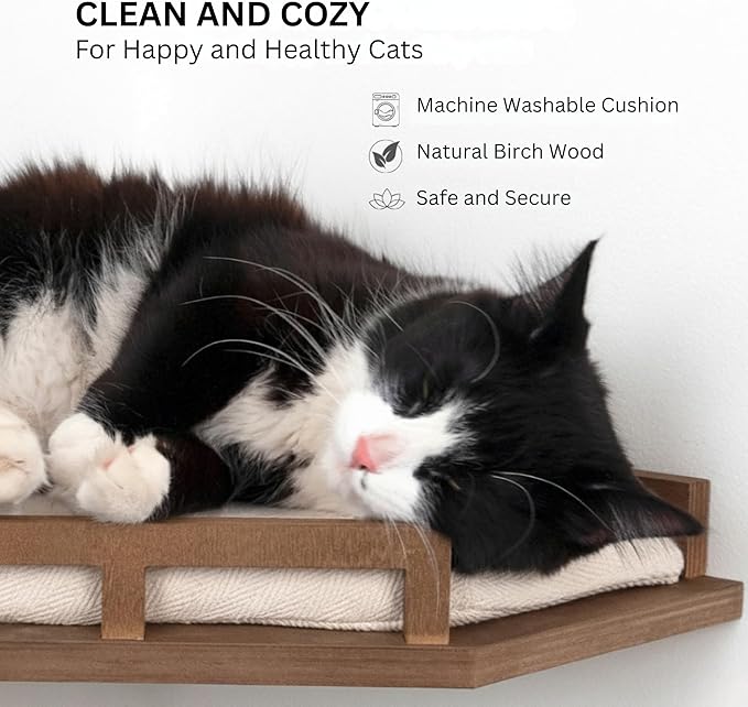 INICIO Cat Wall Shelves - Safe and Sturdy Cat Wall Furniture - Stylish Natural Wood Corner Shelf with 3 Steps for Cats up to 15lbs - Cushioned Perch and Stairs for Climbing and Playing - Dark Brown