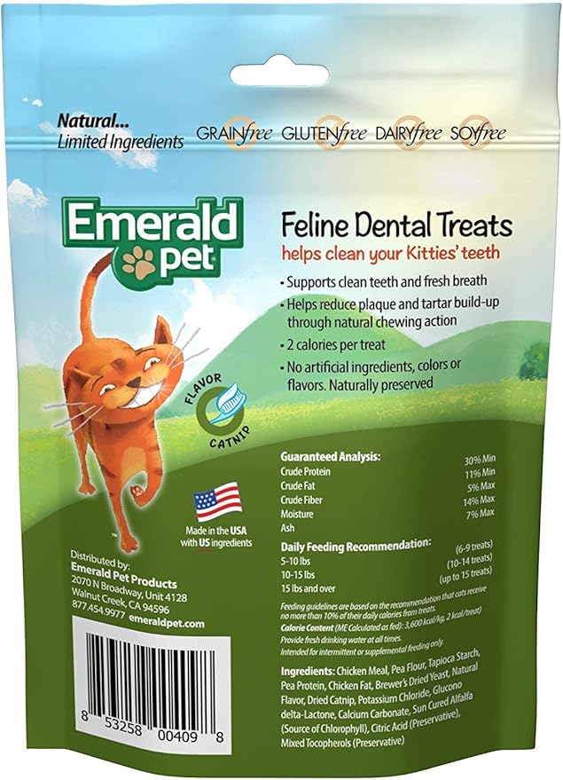Emerald Pet 6 Pack of Catnip Feline Dental Treats, 3 Ounces Each, Grain-Free Cat Treats Made in The USA
