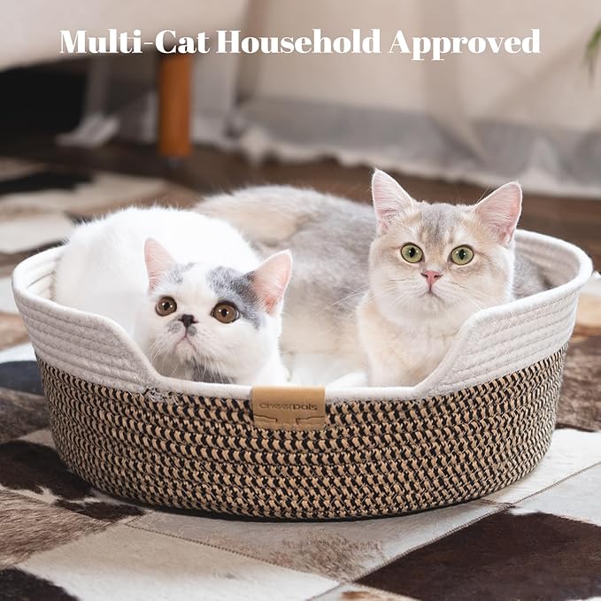 CHEERHOME PETS Cat Bed Basket with Cushion, Cotton Rope Woven Pet Bed for Indoor Cats Couch, Stimulicat Cat Bed Handwoven Breathable, All Season Universal (Brown)