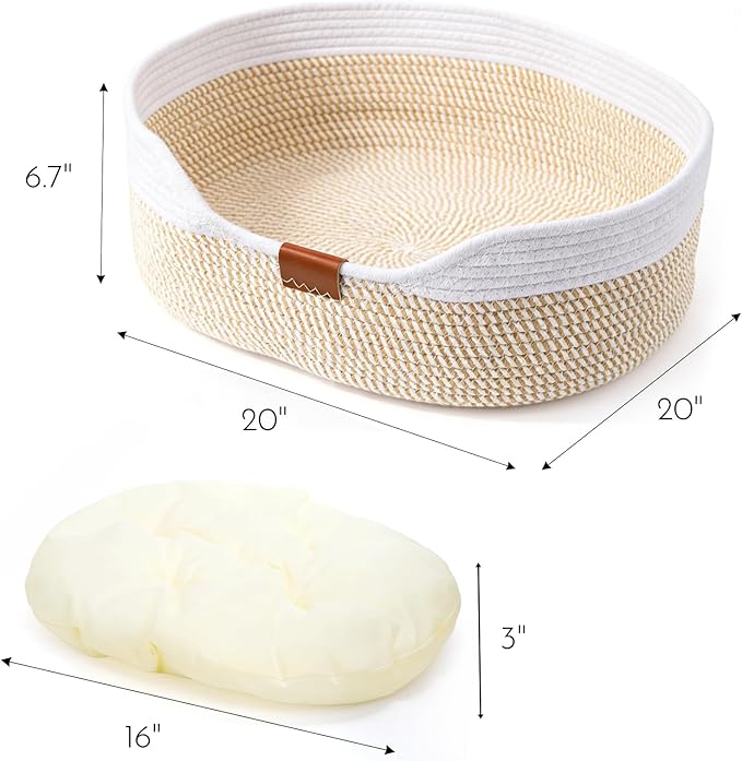 Cat Basket with Cushion, 20 Inch Cotton Rope Pet Sleeping Bed, Versatile Cozy Kitten Nesting Basket Dog Toy Organizer for Medium Large Pet, All Season Universal
