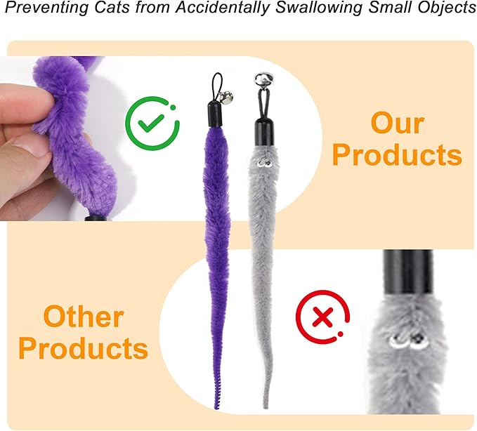10PCS Cat Worm Toys, Colorful Interactive Cats Wand Attachment, Soft Worm Cat Toy for Teaser Play, Chase Exercise & Kitten Training