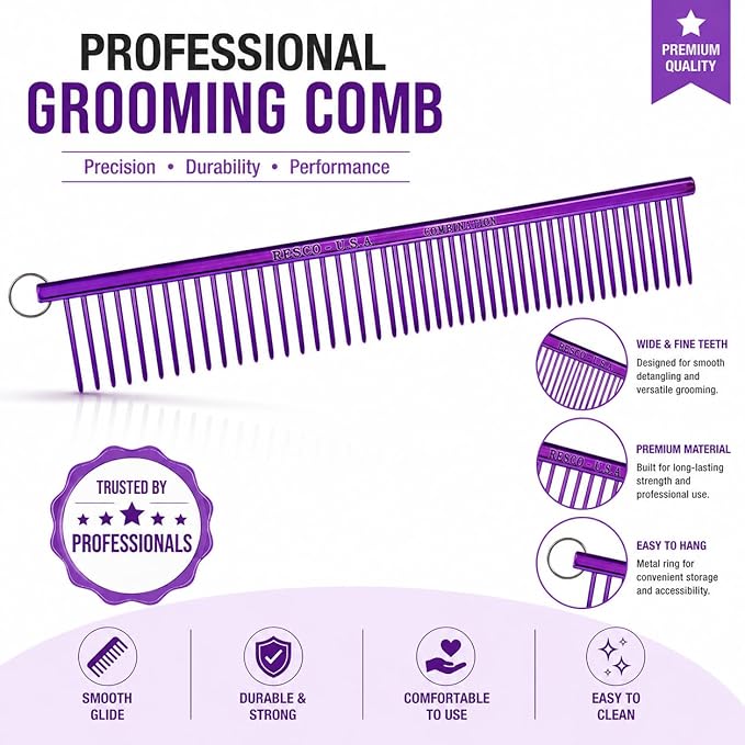 Resco Professional Anti-Static Best Dog, Cat, Pet Grooming Comb, Medium/Coarse Tooth Spacing, 1.5-Inch Pins, Candy Purple