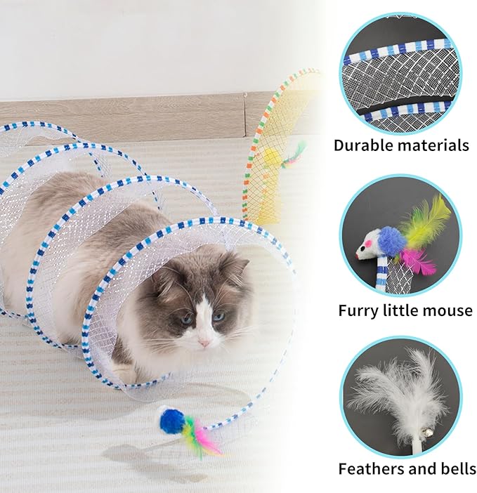 Andiker Cat Tunnel Toy, 10 inch Collapsible Metal Cat Spring Toy with Nylon Mesh, Feather, Mouse, and Bell, Interactive Cat Toys for Indoor Cats to Scratch, Puzzle, Relax and Kill Time (Blue)