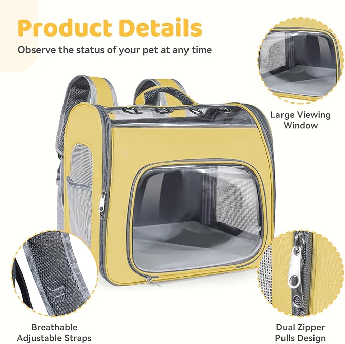 Innovative Traveler Backpack Pet Carriers Cat Backpack with Breathable Mesh Puppy Travel Carrier with Soft Padded Reinforced Support Foldable Small Dog Carrying Backpack for Kitty up to 15lbs (Yellow)