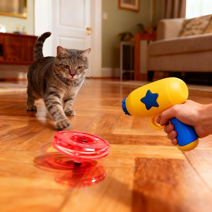 12 Pcs Cat Fetch Toy Set with 3 Red Spinning Tops 6 Flying Discs Colorful Interactive Toys for Kitten Chasing Tracking Playing Training Hunting