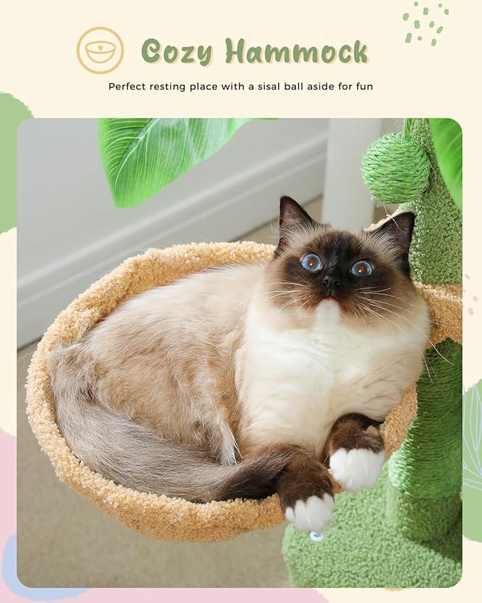 PEQULTI 43'' Cat Tree for Indoor Cats,Cat Tower Climbing Tree with Cat Scratching Posts, 2 Big Condos and Deep Hammock,Activity Tree for Kittens, Green