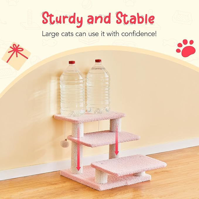 15''H Multi-Step Pet Stairs for High Beds & Sofas, 3-Step Cat Stairs with 2 Toy Balls, Wide Boards for Indoor Kittens Dogs Pets Climbing, Pink 2.0