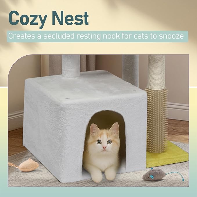 27.5in Plush Cat Tree, Multi-Level Cat Tower with Scratching Post and Pad, Cozy Condo & Padded Perch, Dangling Ball for Kittens and Indoor Cats, Compact Cat Furniture for Small Spaces (Yellow & White)