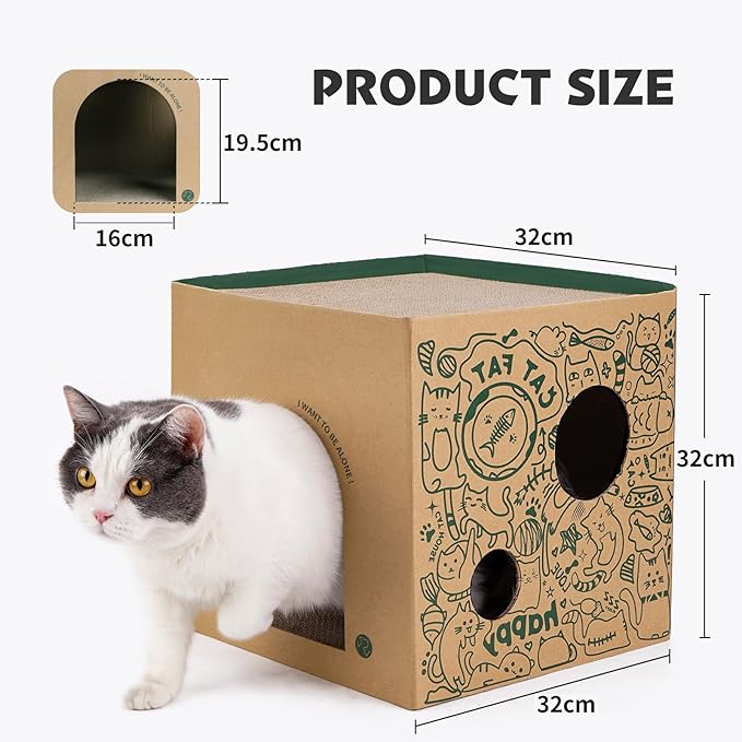Cardboard Cat House with 2 Story Scratch Pads - Indoor Cat Play House, Corrugated Scratcher Box, Hideout for Small Animals