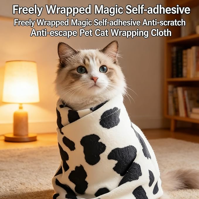 Pet Grooming Wrap: Self-Adhesive Soft Blanket Restraint Tool for Cats/Small Dogs. Prevents Escaping, Ideal for Grooming & Electronics Protection (27.6×27.6 in, Fits 6–10 lbs Cats, Cow Print)