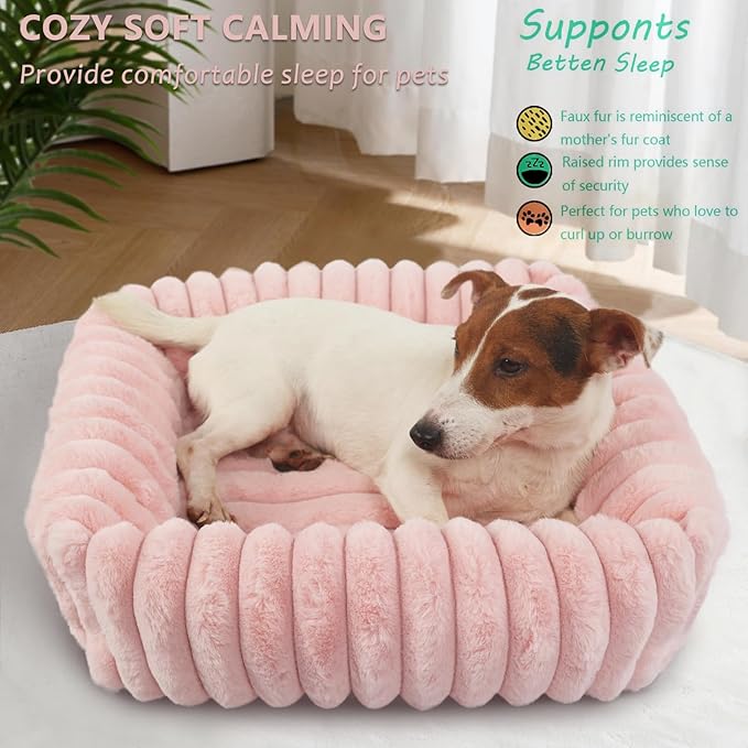 Cute Small Dog Beds for Small Dogs Girl and Cats Washable,Rectangle Cat Bed with Sides Orthopedic Soft Cozy Calming Sleeping Puppy Beds Pink Pet Cuddler Doggie Bed with Anti-Slip Bottom S(20"x19"x5")