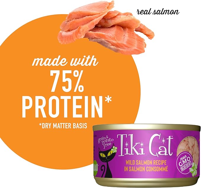 Tiki Cat Luau Shredded Meat, Wild Salmon Recipe in Salmon Consumme, Grain-Free Balanced Nutrition Wet Canned Cat Food, For All Life Stages, 2.8 oz. Can (12 Count)