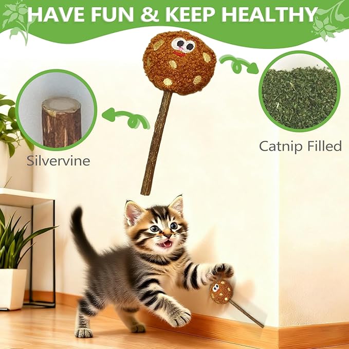 Silvervine Sticks for Cats (5-Pcs), Catnip Lollipop Cat Toy for Indoor Cats, Natural Cat Chew Toys for Kitten Teething and Teeth Cleaning