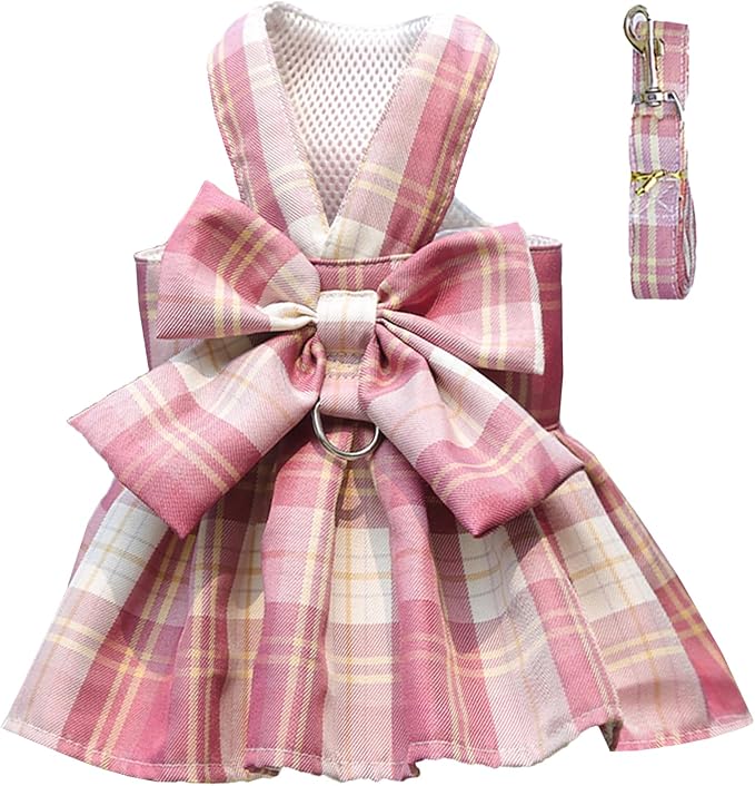 Dog Plaid Dress Puppy Bow Skirt Harness Leash Adjustable Doggie Summer Dresses for Small Dogs Cats Rabbit Bunny Chihuahua Yorkies Cute Pet Outfits (Pink, Large(Suggest 9-12 lbs))