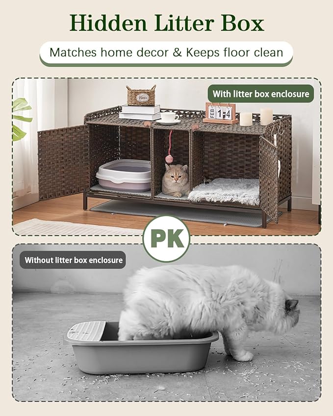 SETVSON Cat Litter Box Enclosure for 2 Cats, Hidden Litter Box Furniture with Mat, Large Rattan Cat House with Double Room and Door, 47.3 L x 19.7 W x 24 H, 2 S-Shaped Hooks for Living Room Brown