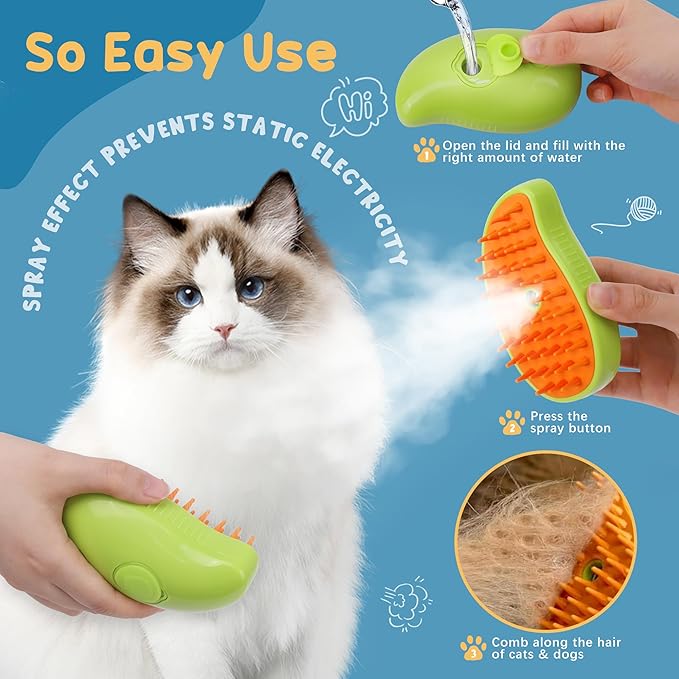 GIGART Cat Steam Brush for Shedding Cat, 3 in 1 Steamy Water Pet Hair Removal Comb, Self-Cleaning Steam Grooming Multifunctional Hair Removal Comb for Shedding Brush Dog and Cat (Green)