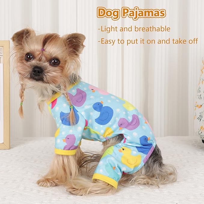 Dog Pajamas Small Sized Boy Girl, Cotton Stretchable Pet Clothes Jammies Puppy Outfits for Dogs Female Male, Spring Summer Doggie Doggy Pjs (Blue Duck, L)