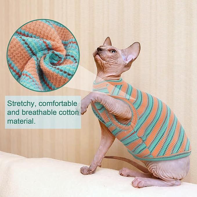 Sphynx Cat Clothes, Breathable Hairless Cat Shirts, Stripe Kitten T-Shirts Sleeveless, Pullover Cat Sweaters, Pet Summer Apparel for Sphynx, Cornish Rex, Devon Rex, Peterbald, Small Dogs