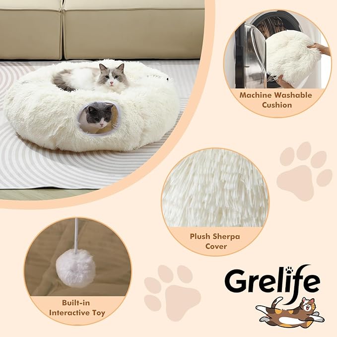 Grelife Cat Tunnel Bed for Indoor Cats, Cute Cat Tunnel Toys, Cat Donut Tunnel Toys with Washable/Removable Cushion, Non-Slip Base, for Cats, Kittens, Small Pets (White)