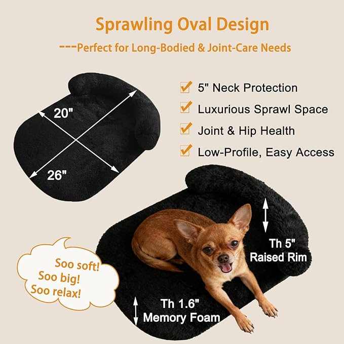 Orthopedic Dog Bed with Egg-Crate Base, Calming Dog & Cat Beds Long Plush with Raised Edges, Spine Friendly Pet Sleeping Mat for Small Medium Dogs, Machine Washable (Oval, Black 26"x20")