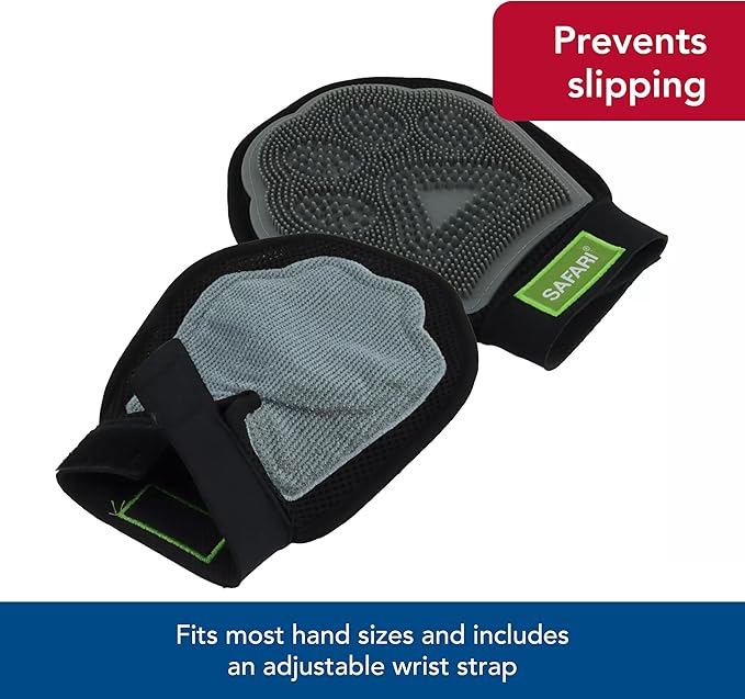 Coastal Pet Safari Grooming Mitt - Gentle Alternative to Pet Brushes for Wet & Dry Grooming - Mitt with Rubber Tips to Trap Hair & Fur - Black & Gray, One Size