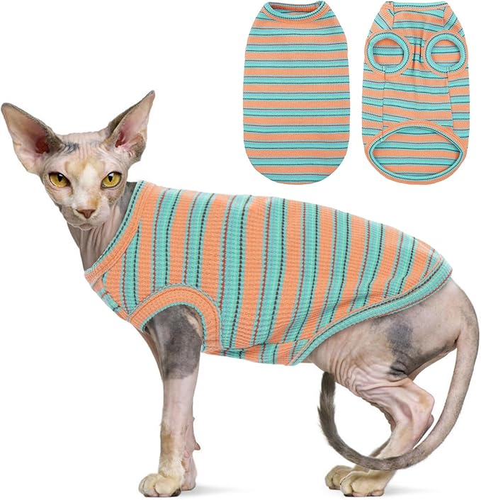 Sphynx Cat Clothes, Breathable Hairless Cat Shirts, Stripe Kitten T-Shirts Sleeveless, Pullover Cat Sweaters, Pet Summer Apparel for Sphynx, Cornish Rex, Devon Rex, Peterbald, Small Dogs