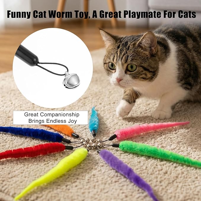 Larrel 8PCS Cat Worm Toy Replacement, Cat Wand Toy Accessories, Soft Worm Cats Toys Teaser with Bell, Fuzzy Worms Toys Attachments Replacements for Indoor Cats and Kitten (8 Colors)