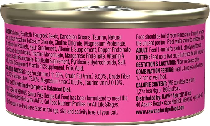 Rawz Natural Premium Pate Canned Cat Wet Food - Made with Real Meat Ingredients No BPA or Gums -3 oz Cans (Case Pack of 18) (Salmon)