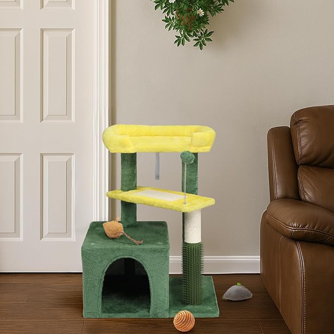 27.5in Plush Cat Tree, Multi-Level Cat Tower with Scratching Post and Pad, Cozy Condo & Padded Perch, Dangling Ball for Kittens and Indoor Cats, Compact Cat Furniture for Small Spaces (Yellow & Green)